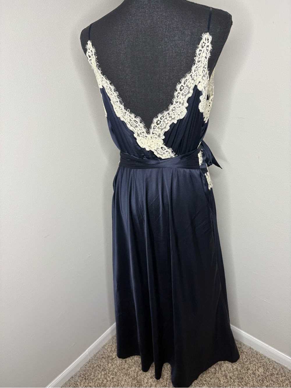 Doen Navy Satin Slip Dress with Ivory Lace - Picture 4 of 7
